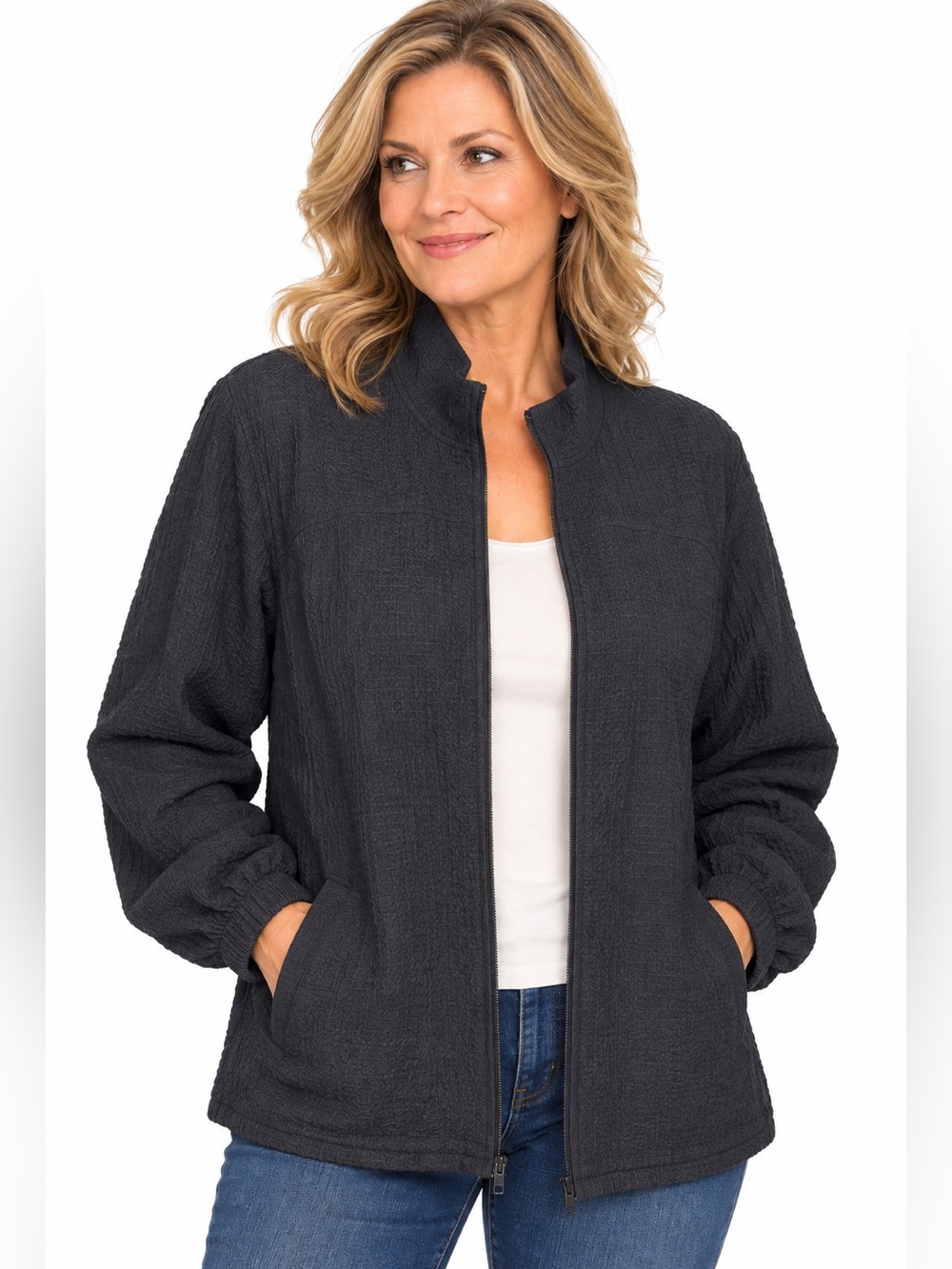 ORVIS Black Crinkle Textured Stretch Full Zip Jacket Pockets Large